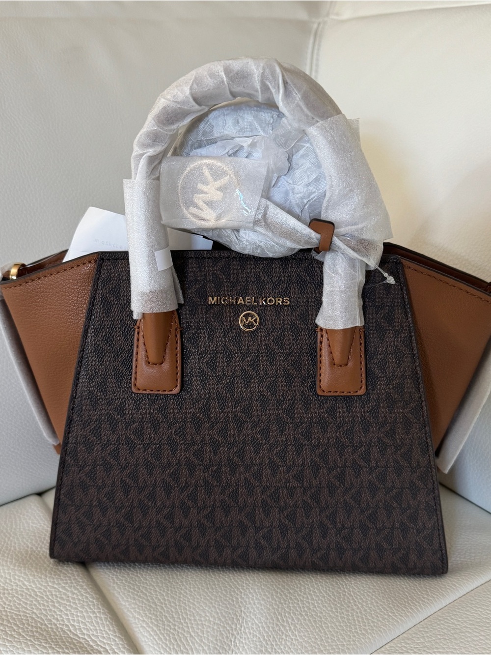 Michael Kors Brown MK Logo Saffiano Trim Satchel